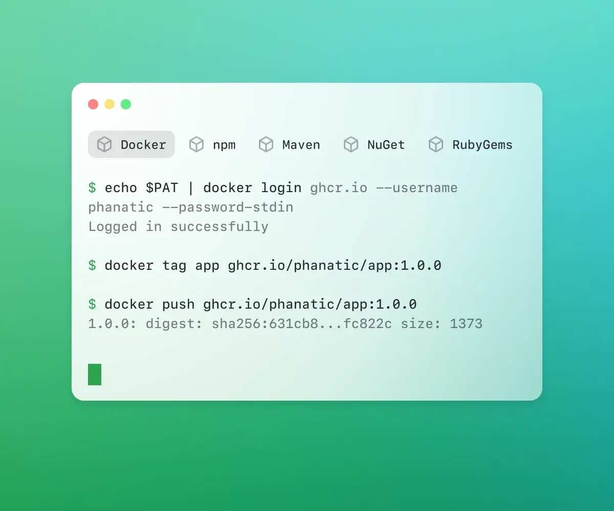 Screenshot of a terminal window showing Docker commands to log in to GitHub's container registry (ghcr.io), tag an application image, and push the image version (1.0.0) to the repository, with a successful login and digest confirmation. The background features a gradient from green to teal.