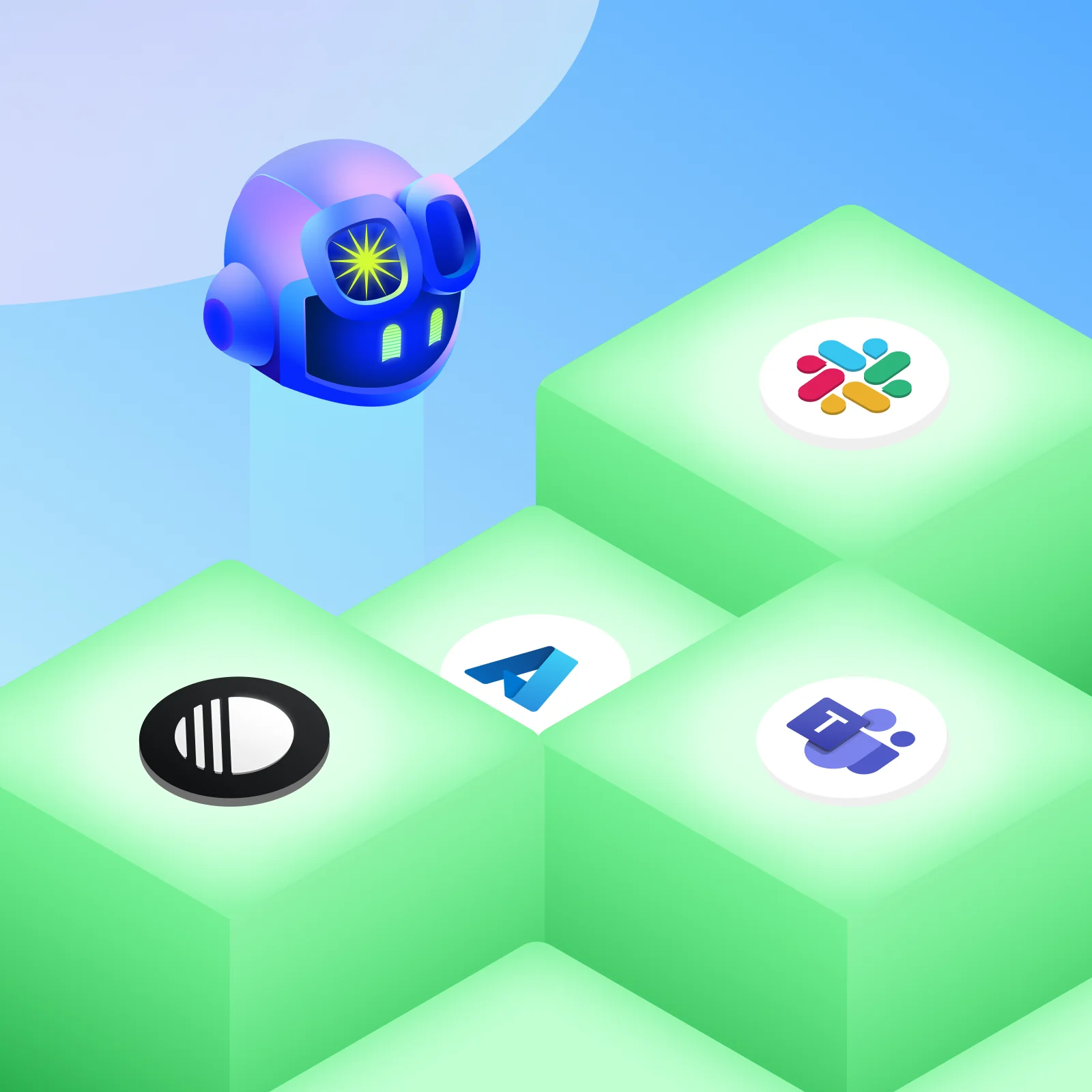Product icon logos of Slack, Microsoft Teams, Linear, and GitHub Copilot across a multi-colored cubic background.