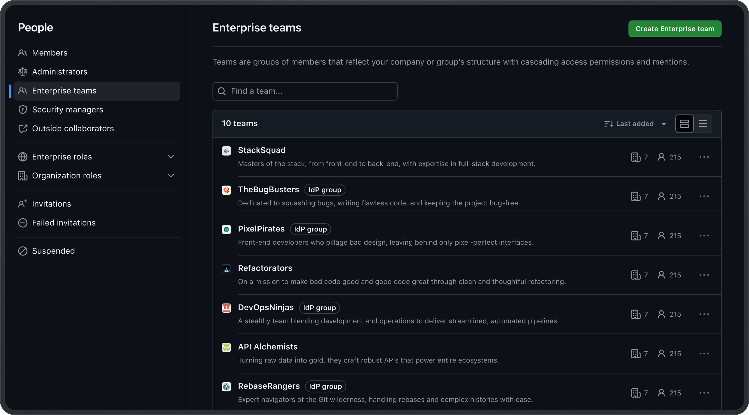 A list of enterprise teams in GitHub enterprise settings.