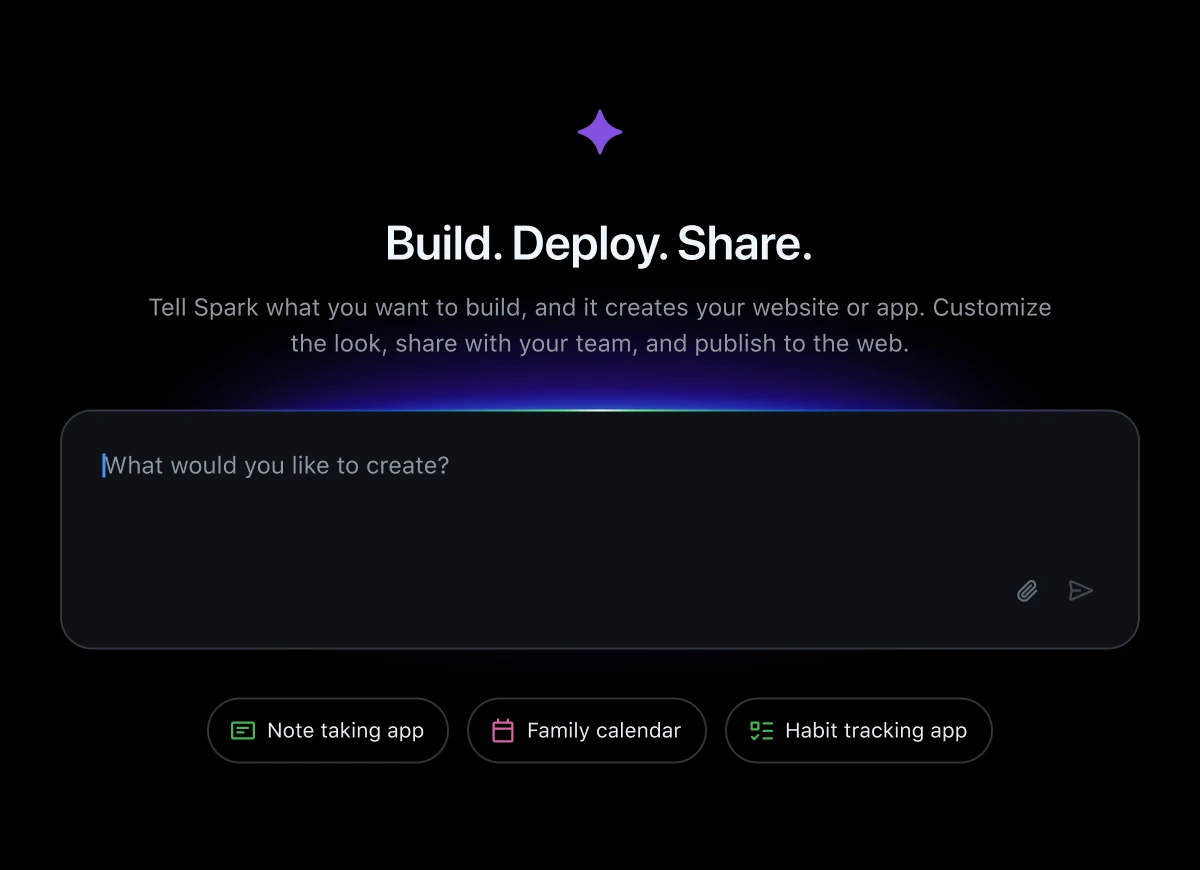 Dark-themed interface with a purple star, the phrase 'Build. Deploy. Share.', and a prompt asking 'What would you like to create?' followed by buttons: Note taking app, Family calendar, Habit tracking app.