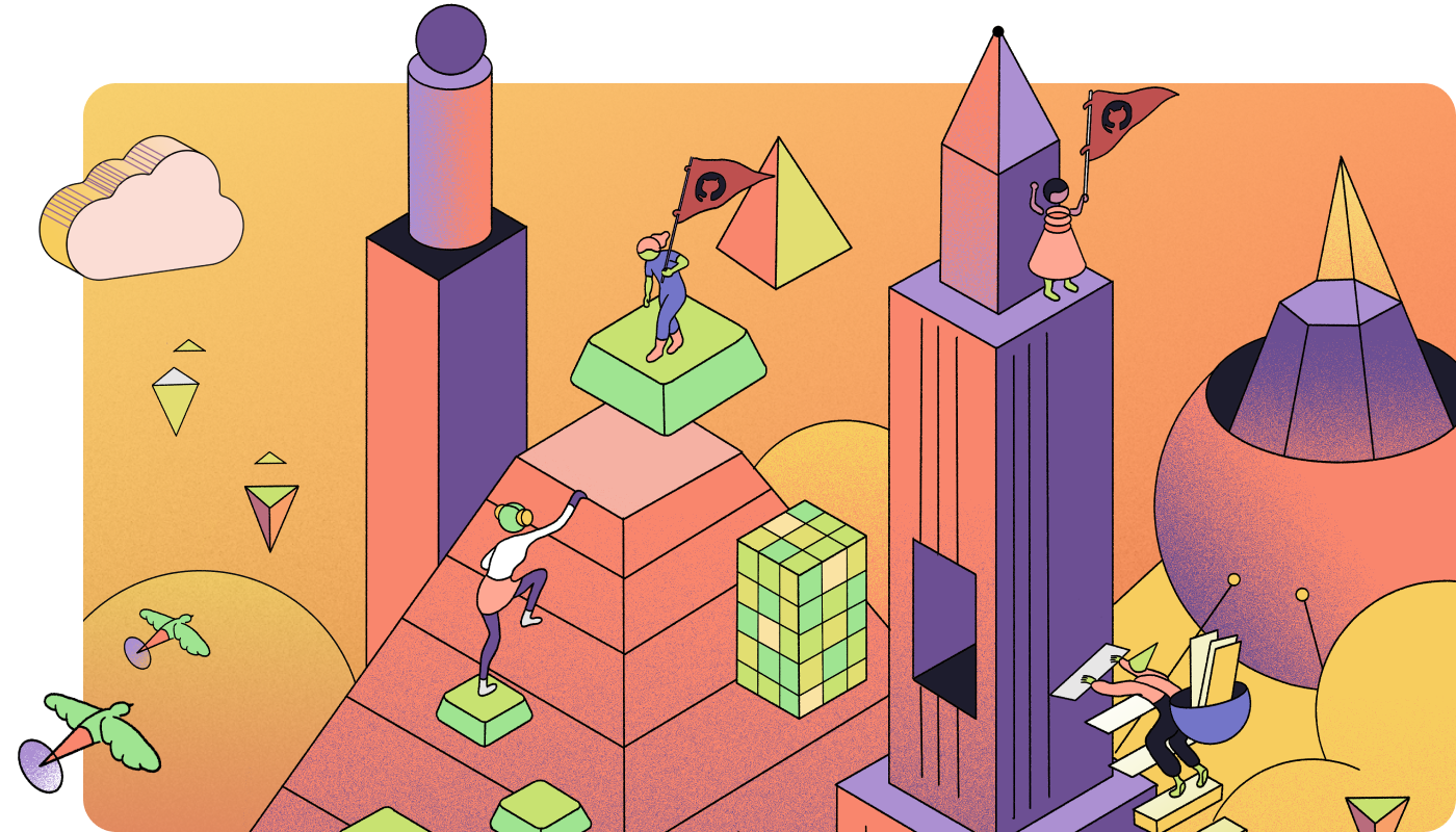 Cartoon pyramid and towers with people climbing up them