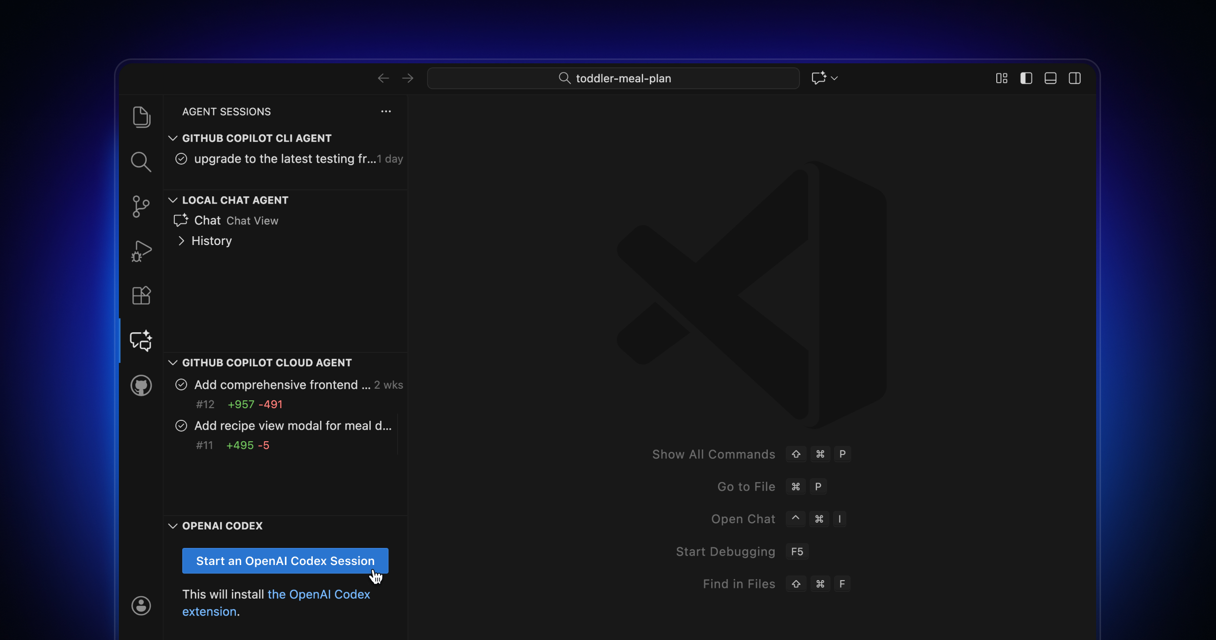 A VS Code window shows a sidebar with agent sessions. Under OpenAI Codex Agent, a button says "Start a coding session."
