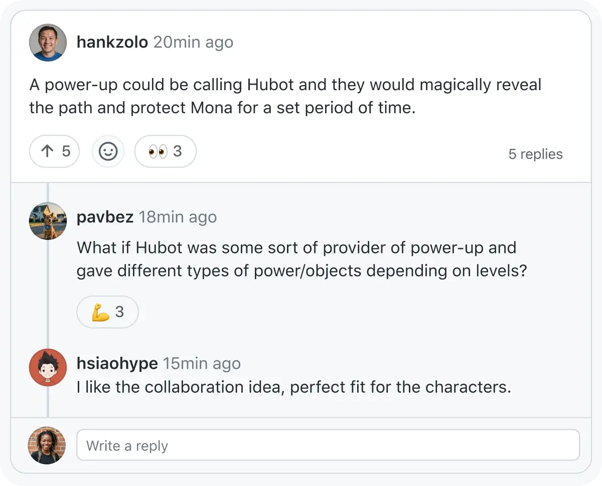 The image is a screenshot of a conversation thread on a social media platform. The first comment is from "hankzolo" 20 minutes ago, suggesting that a power-up could call Hubot to reveal the path and protect Mona for a set period of time. This comment has received 5 likes and 5 replies. The second comment is from "pavbez" 18 minutes ago, proposing that Hubot could provide different types of power-ups or objects depending on levels. The third comment is from "hsiaohype" 15 minutes ago, expressing appreciation for the collaboration idea and stating it is perfect for the characters.
