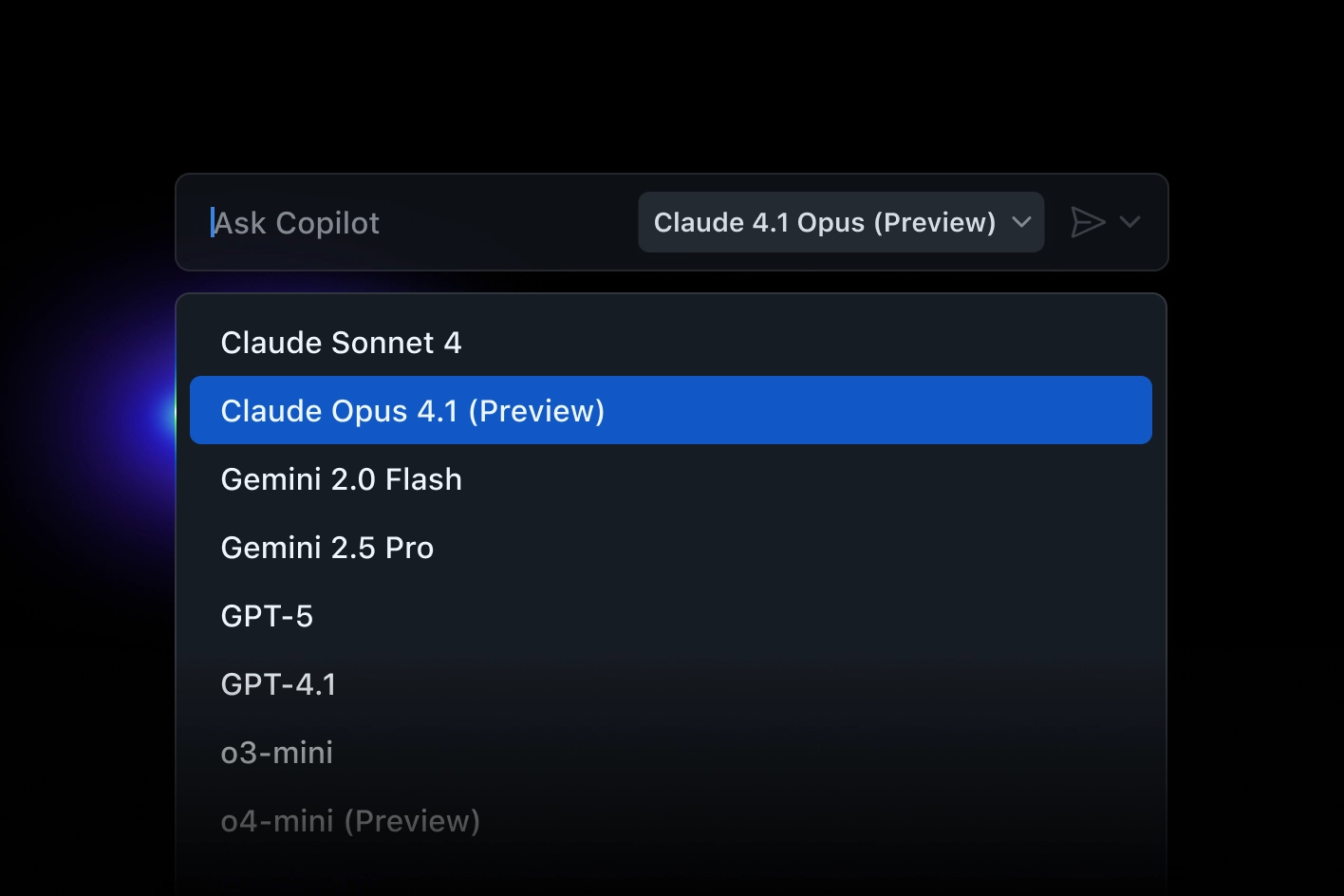 A dropdown menu lists some of GitHub Copilot Chat’s available models like Claude Sonnet 4, Claude Opus 4.1 (Preview), Gemini 2.0 Flash, Gemini 2.5 Pro, GPT-5, GPT-4.1, o3-mini, and o4-mini (Preview).