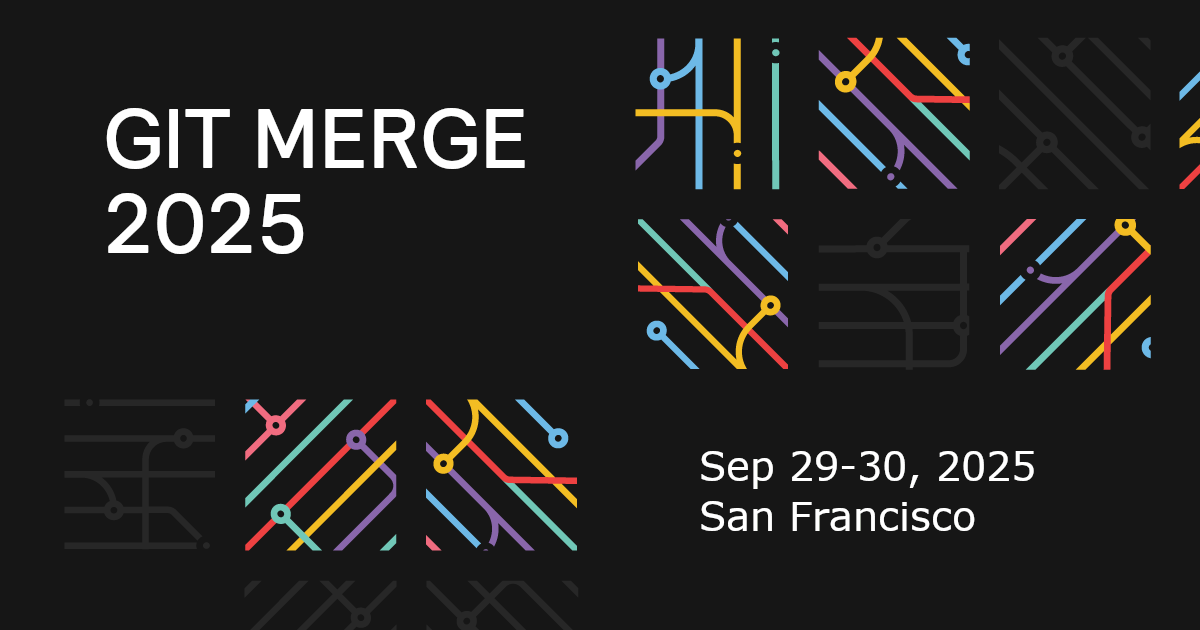 Promotional graphic for Git Merge 2025. The text reads ‘GIT MERGE 2025’ on the left and ‘Sep 29–30, 2025, San Francisco’ on the right. The design features colorful intersecting lines resembling a subway map in red, yellow, blue, purple, and green on a black background.