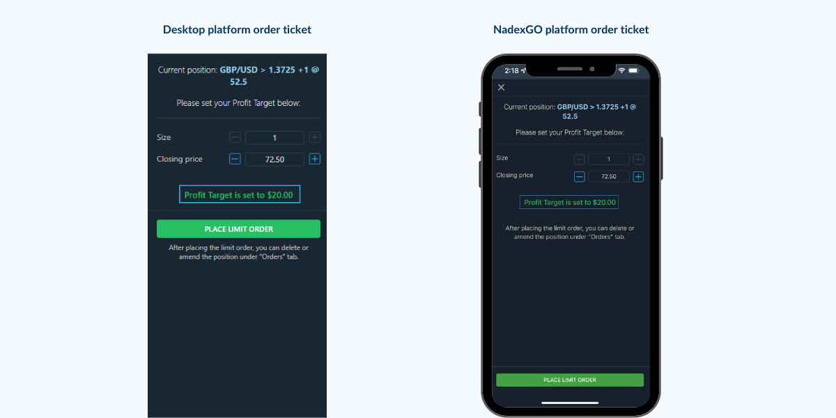 Set your profit target and submit a limit order in desktop and mobile platform