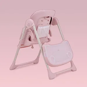 Rear view of the pink Puggle Feed & Play highchair showing the mesh storage pocket on the back of the seat.