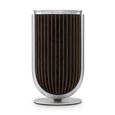 Image of Beolab 8 in Natural Aluminium with Dark Oak cover from the front