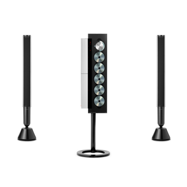 Product image of the Recreated Classic Beosystem 9000c, the iconic CD player and a set of Beolab 28 speakers in front view