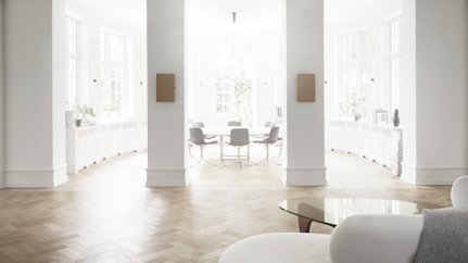 A pair of Beosound Level in Light Oak in a living room, on a shelf