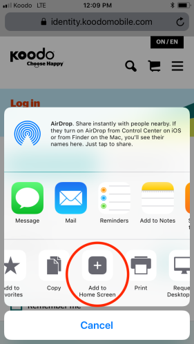 Koodo Self Serve Mobile Add to Home Screen, ios