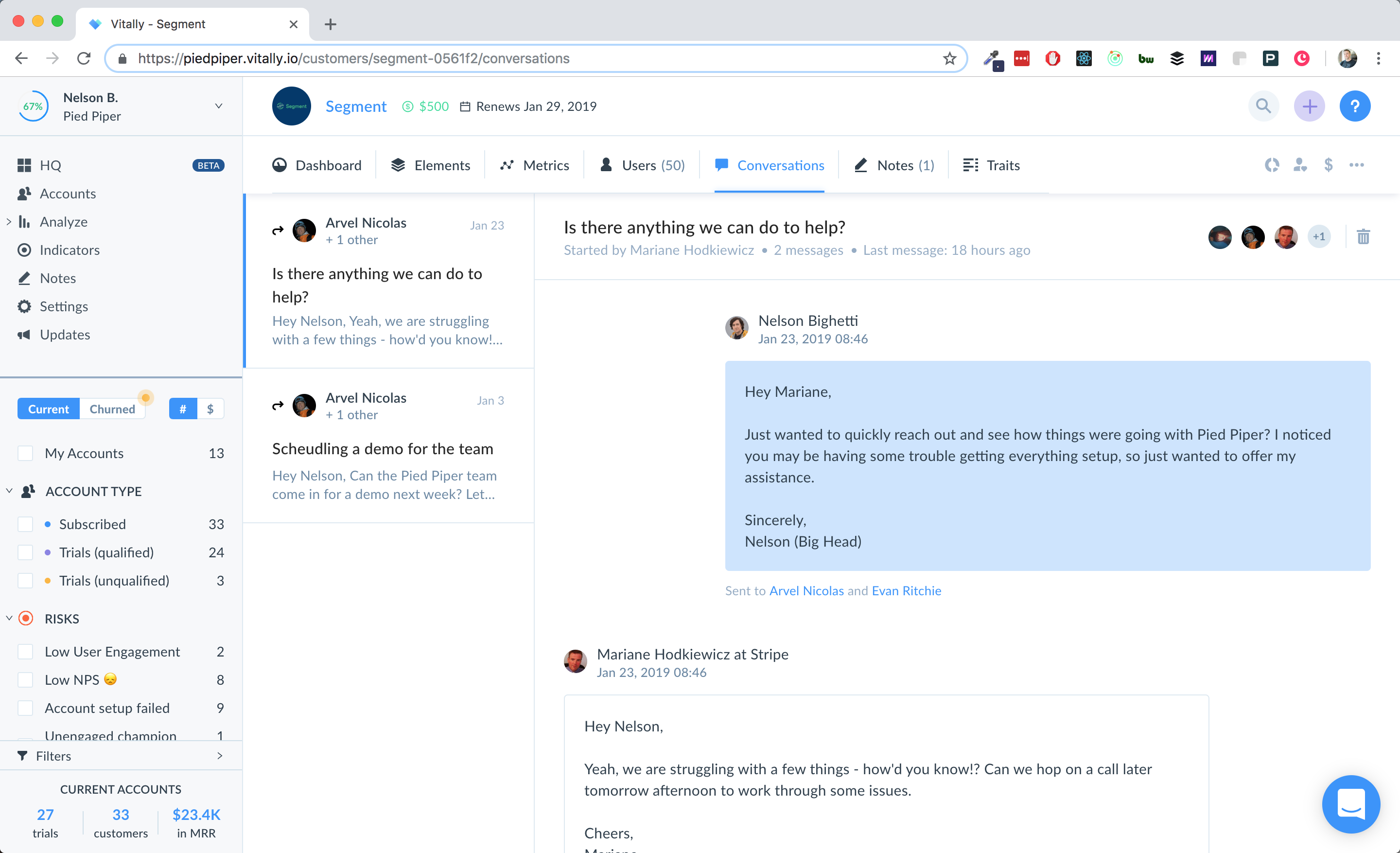 View your Intercom conversations and emails in Vitally