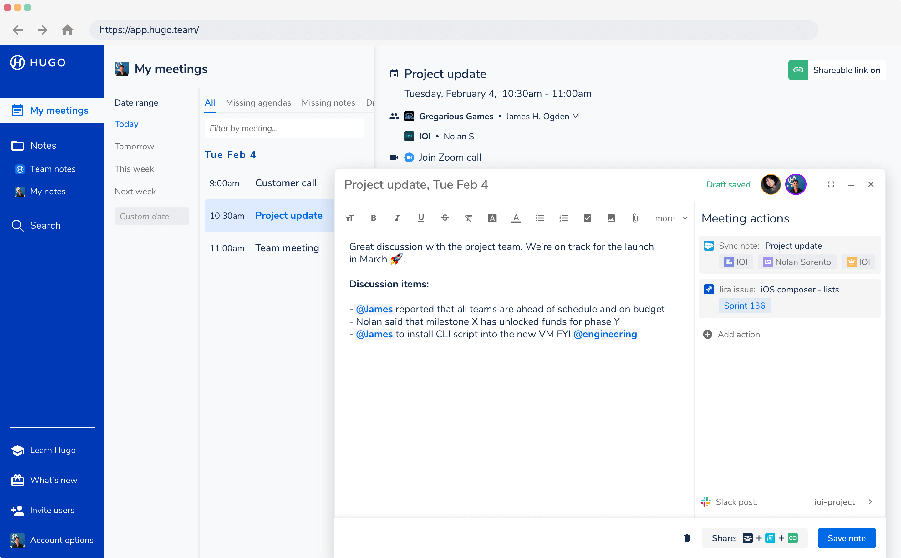 Hugo makes meetings more productive, from planning through follow-up