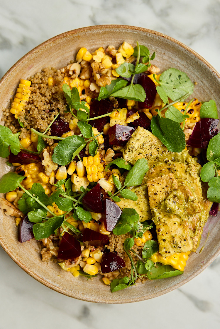 Charred Corn, Pesto Tofu & Beetroot Salad