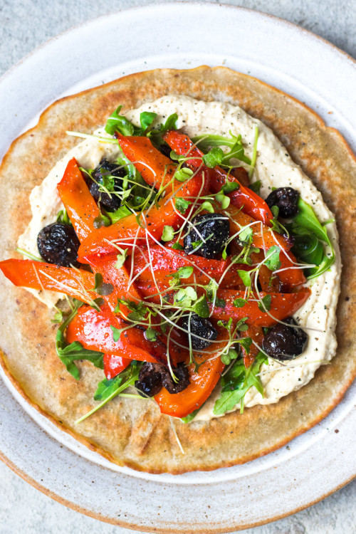 Buckwheat Crêpes With Roasted Red Pepper, Olives & Hummus