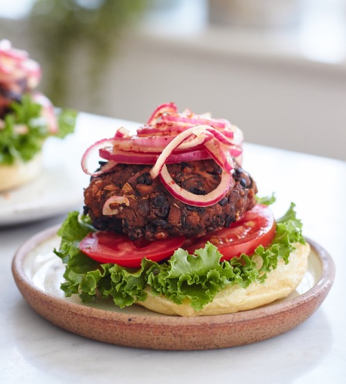 Miso, Tempeh & Black Bean Burgers With Pickled Red Onions