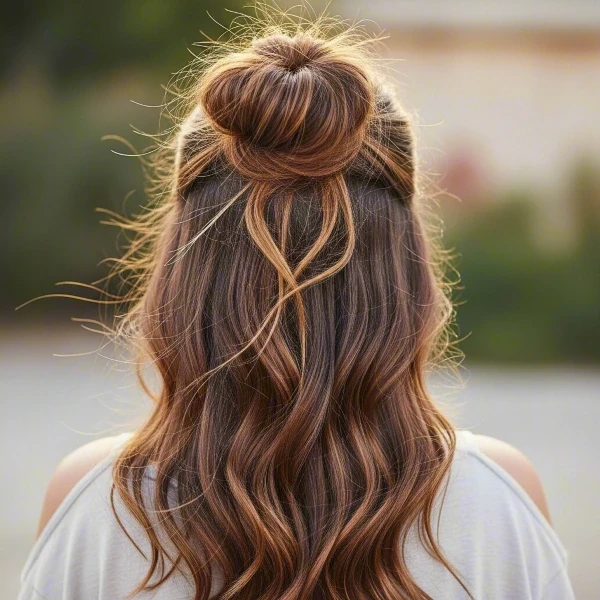 A fair-skinned woman with brown hair and blonde highlights has the half-up top knot as her effortless updos standing in a garden.