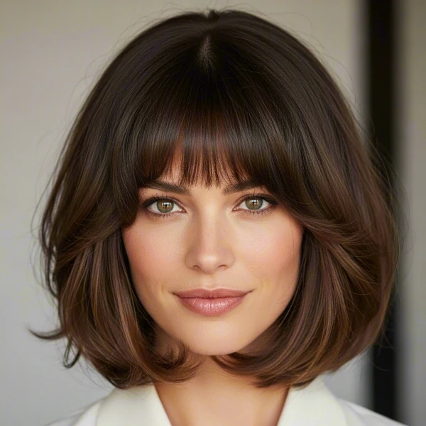 A fair-skinned woman with brown hair and a long face styles a full layered bob with blunt bangs in front of a white background.