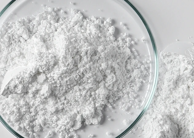 In front of a white background, a glass bowl filled with sulfate powder is positioned on the left, with additional sulfate powder scattered around the lower right corner.