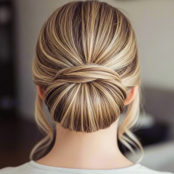 A fair-skinned woman with brown hair and blonde highlights has the classic chignon as her effortless updos sitting in room.