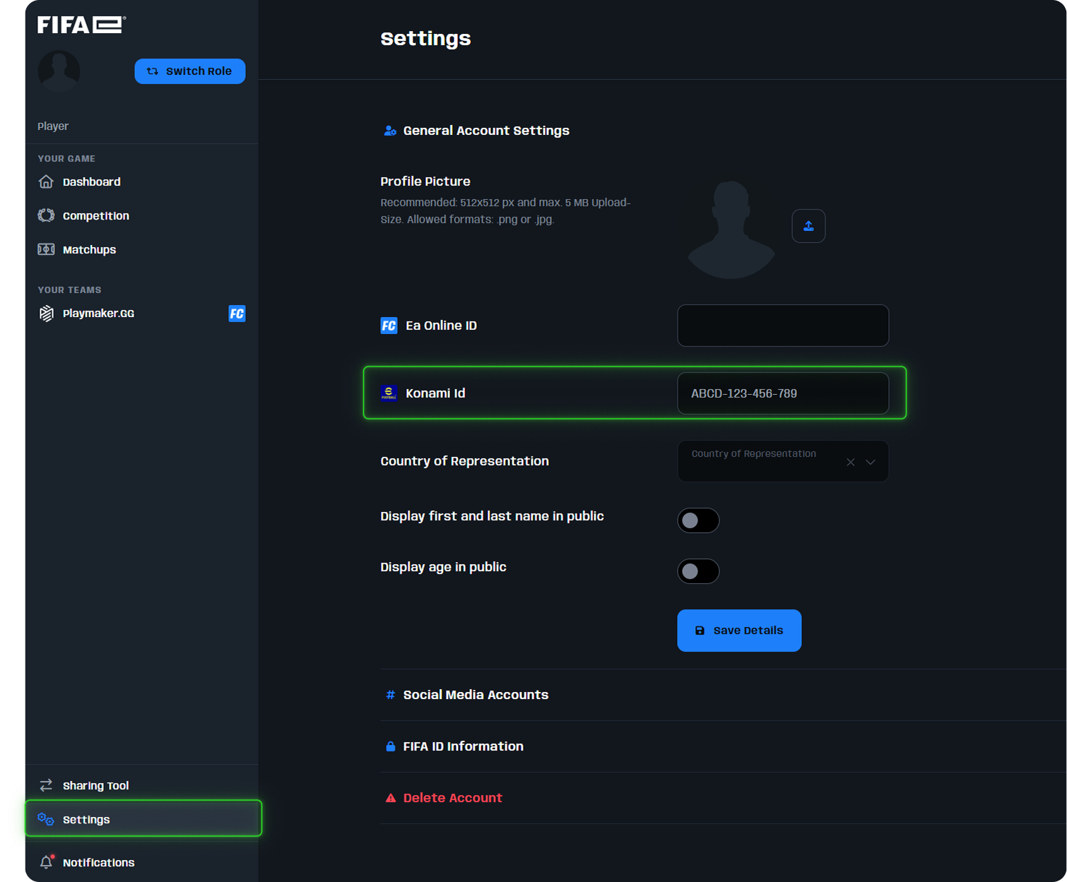 Set your Konami ID under SETTINGS on your dashboard