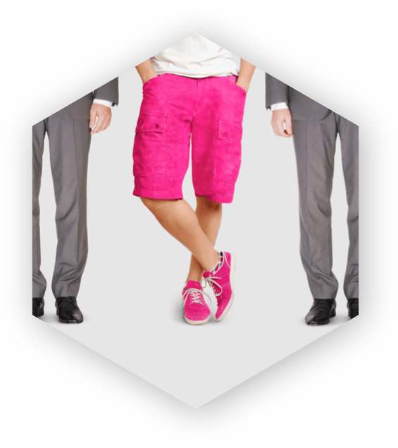 Image of three people, two in suits and one with pink shorts and pink sneakers within a hexagon on a pink background