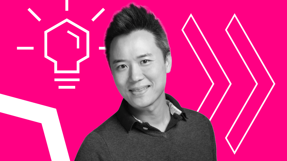 Headshot of Troy Yang, Managing Director, North Asia with pink background and graphical elements.