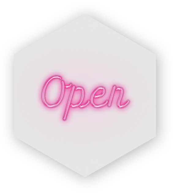 Image of a pink open sign within a hexagon on a pink background.