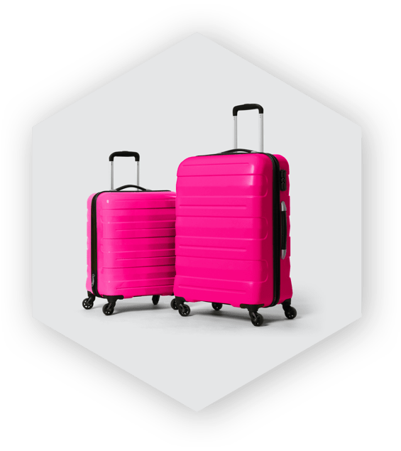 Image of two pink suitcases within a hexagon on a pink background.