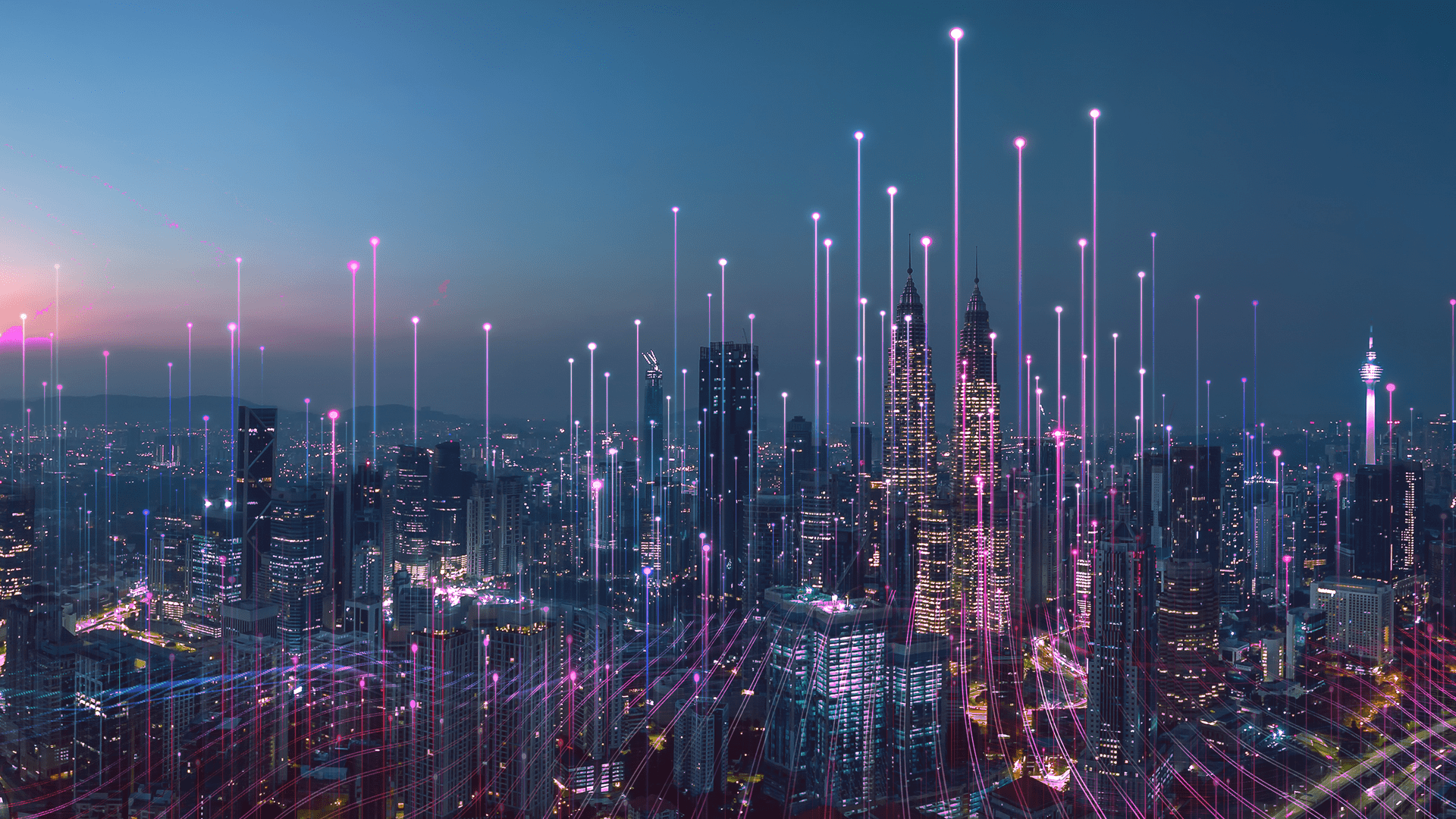 City skyline with tall buildings, lights and pink neon lines moving towards the sky.
