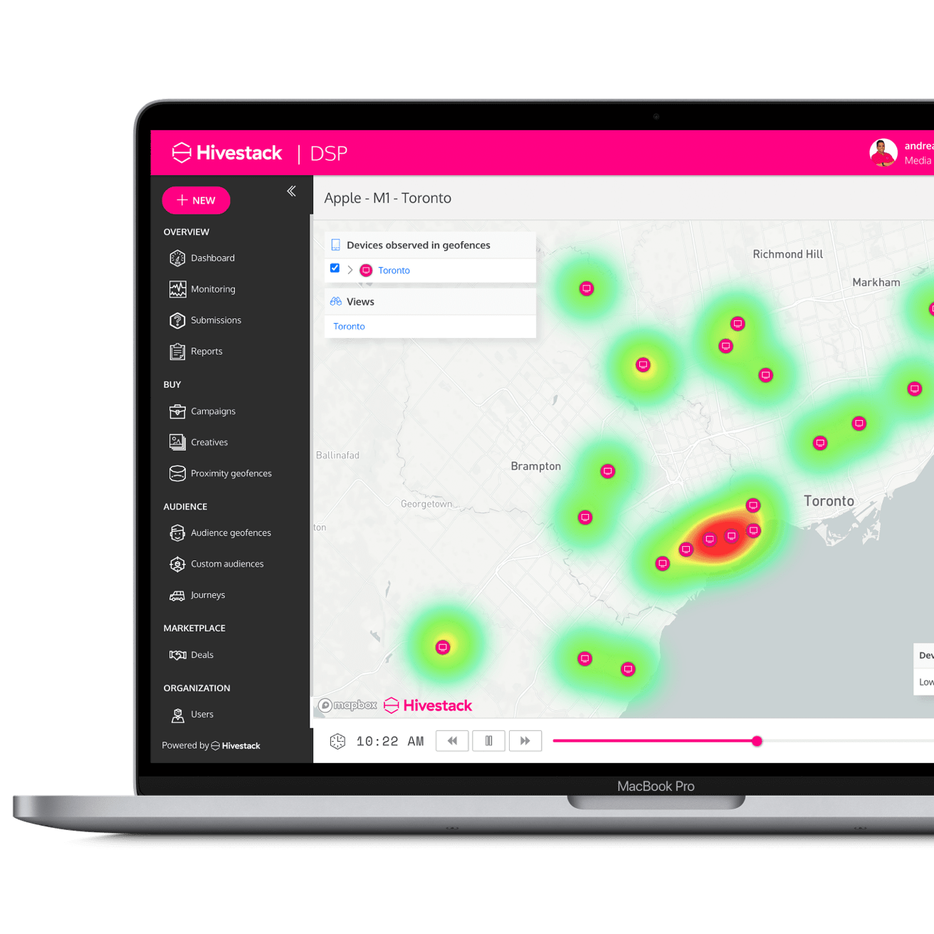 Dashboard demonstrating audience heatmaps with the use of bright neon colors.