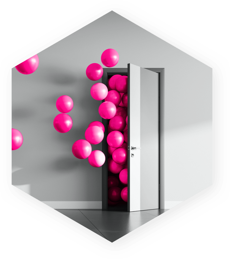 Image of pink balloons coming from an open door within a hexagon on grey background.