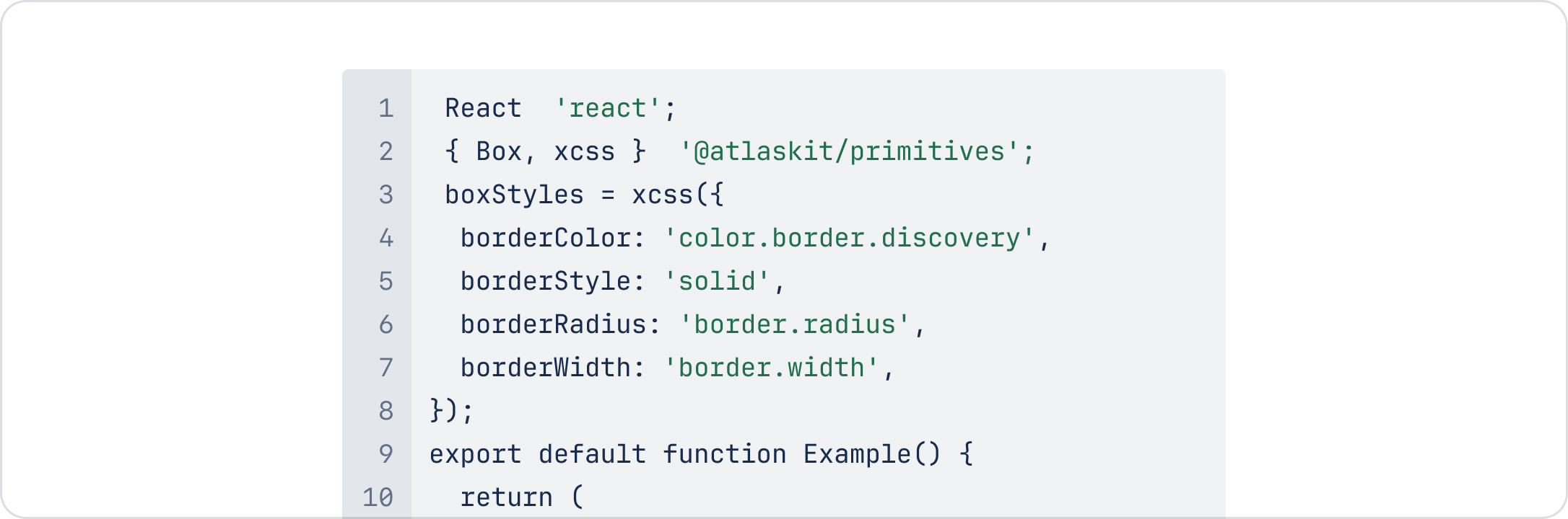 An example of the code text style being used in a block of example code.