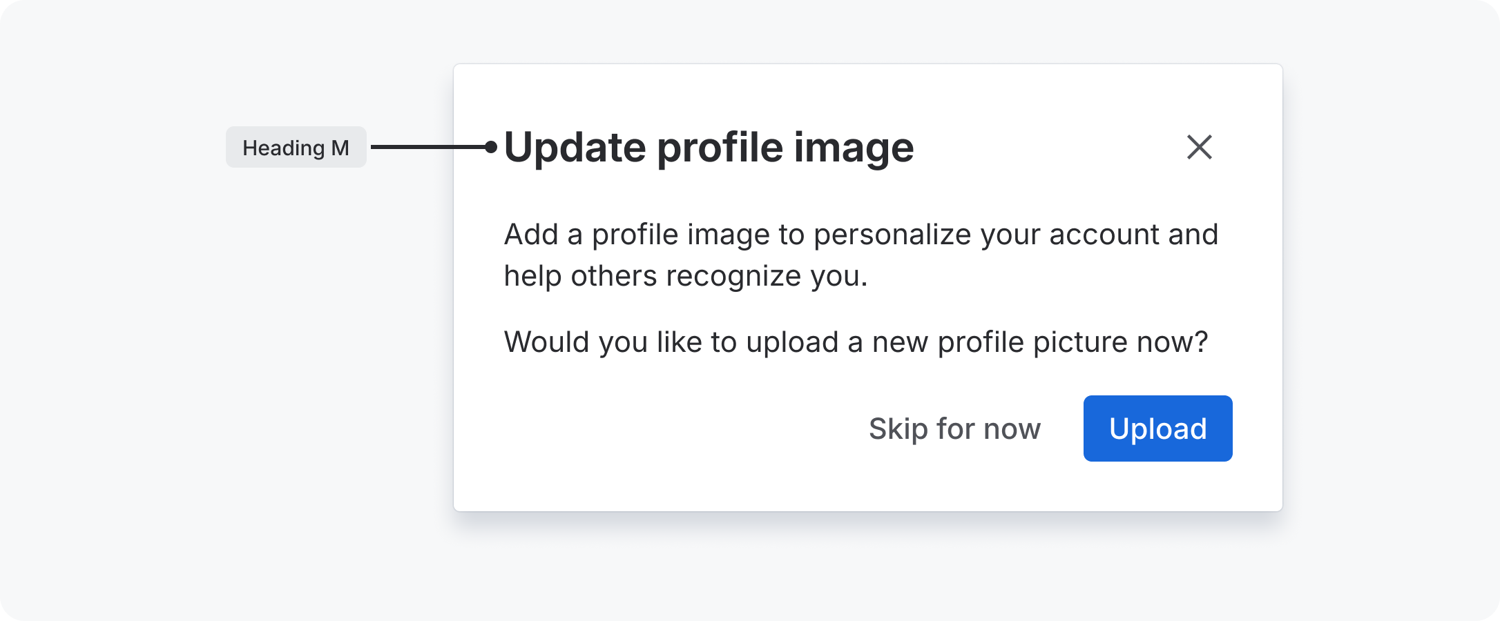 An example of a small modal, where the title of the modal is labelled 'Heading M'.