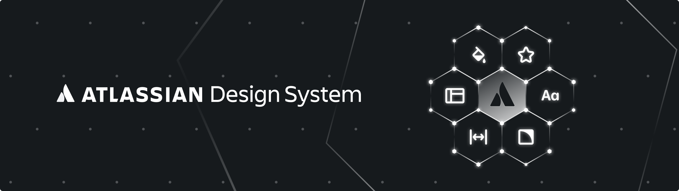 An image showing the Atlassian Design System logo on a dark background with a star-like grid in the background, with a set of concentric hexagons containing iconographic representations of Atlassian Design System's foundations: colors, icons, typography, border radius, sizing, and layout.