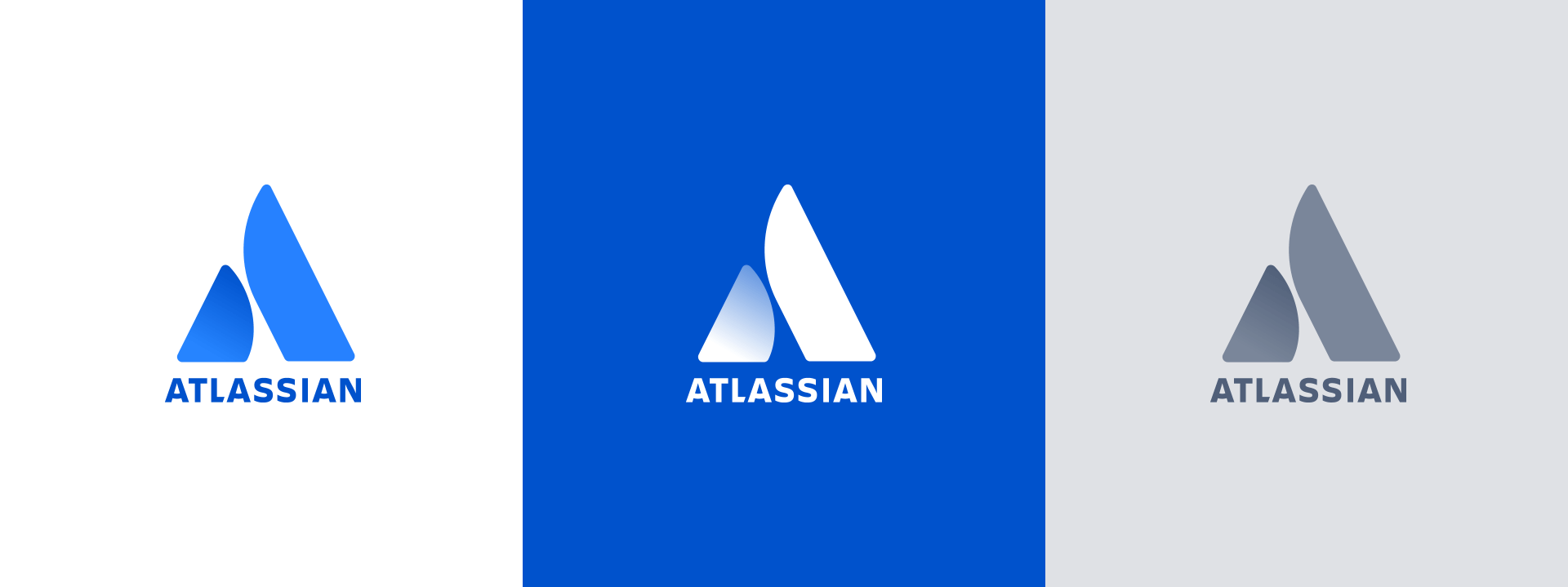 Grey, white and blue 'A' Atlassian logos. 