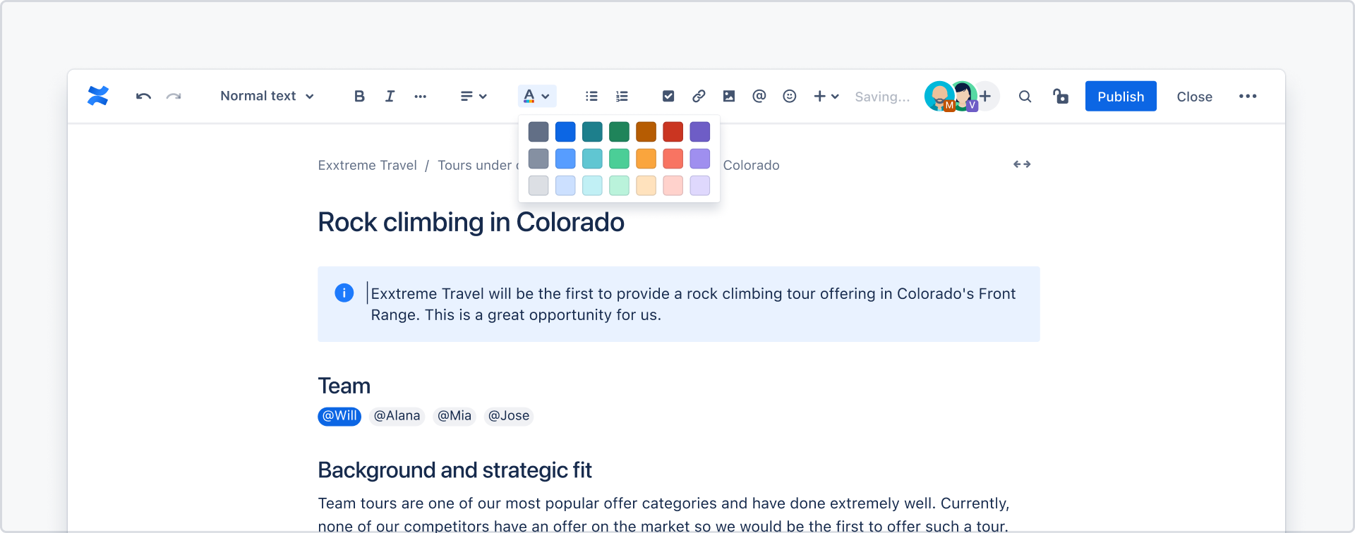 Confluence page in edit mode with the text color picker open.