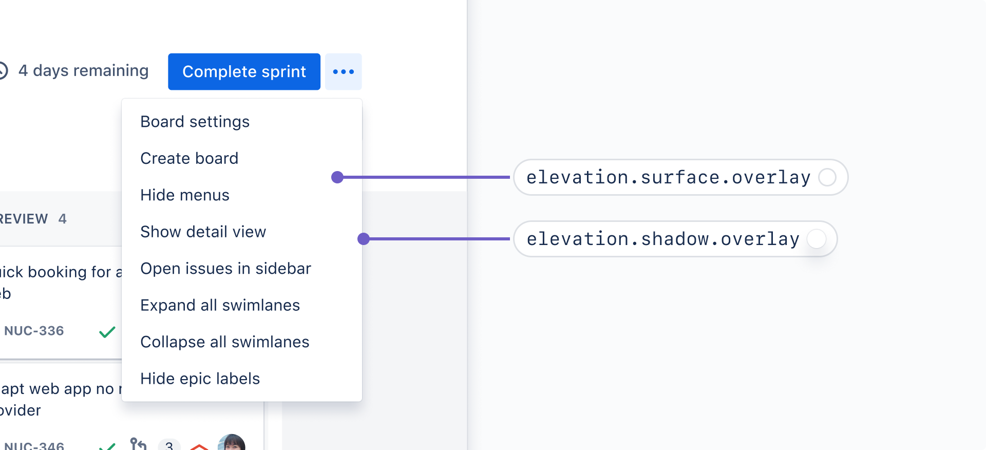 A dropdown menu that displays more actions in Jira. The surface of the dropdown uses "elevation.surface.overlay" and the shadow uses the "elevation.shadow.overlay" design token to make the dropdown appear to be sitting above the rest of the screen.