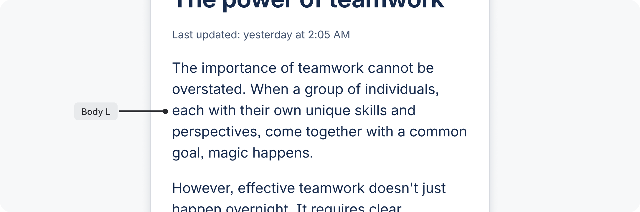 A example of blog post text where the main text is labelled 'Body L'.