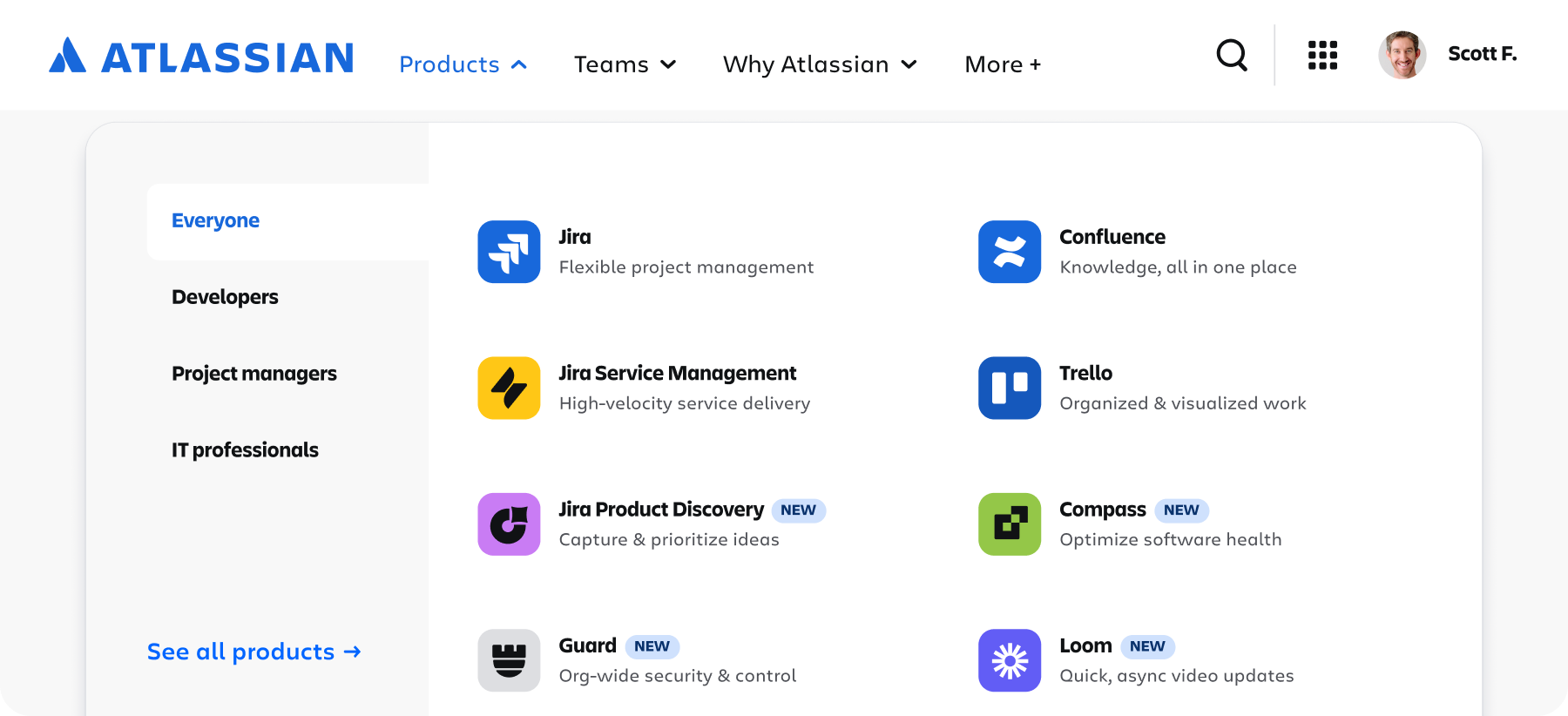 Logo in grid example in the dropdown product menu on the Atlassian homepage.