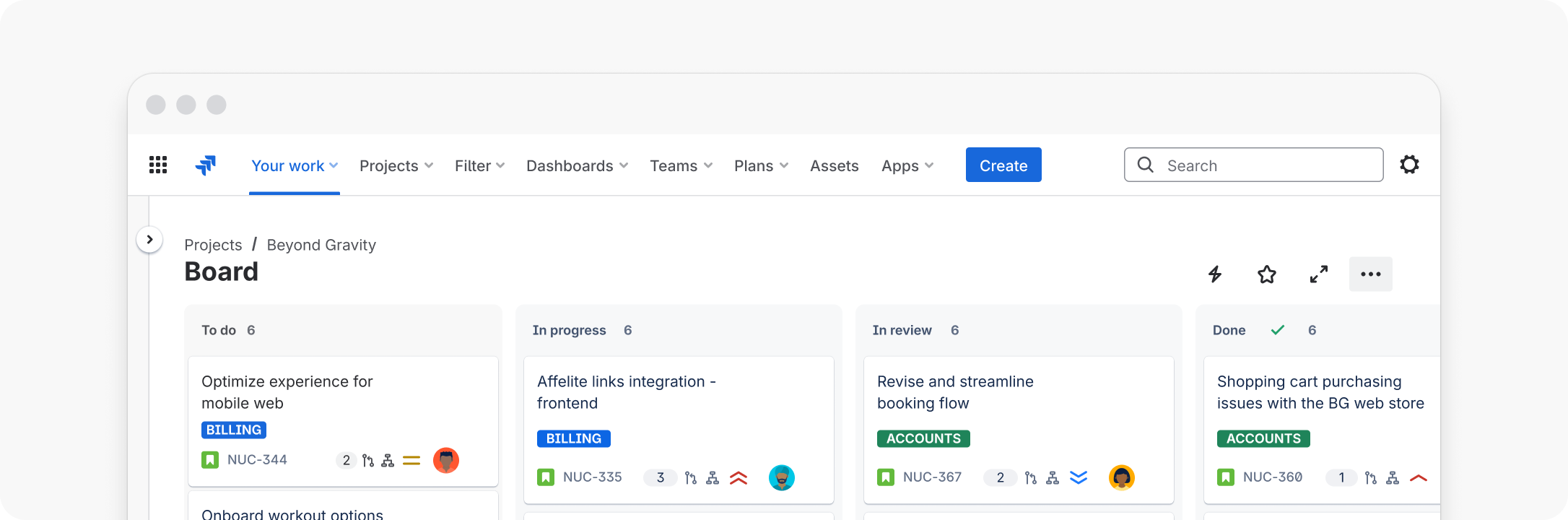 An example showing what fonts look like in an Atlassian app, using a Jira board to demonstrate.