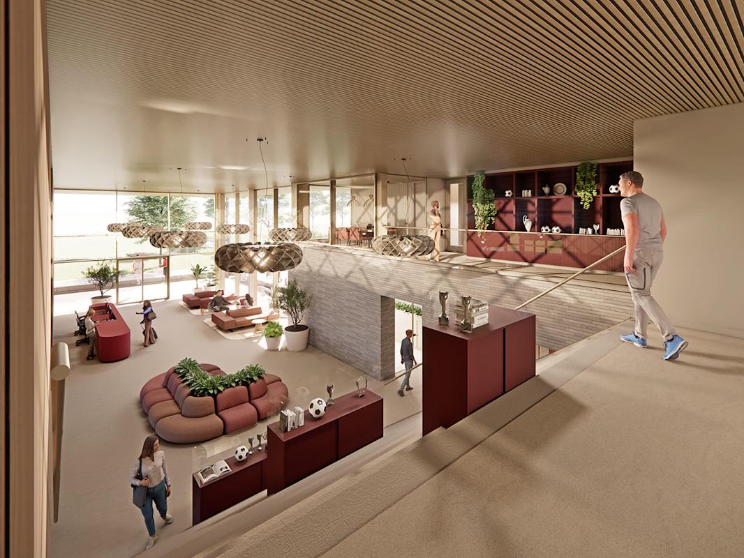 Interieur van de entreehal van het FC Twente Topsport Complex Diekman in Enschede, gezien vanaf de verdieping.