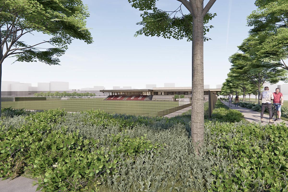 Relatie tussen sportvelden, bebouwing en landschap bij Sportcampus Diekman