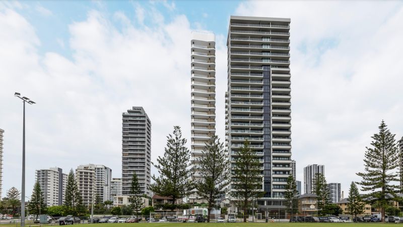 Render of Morris Property Group's proposed slender tower (middle) at 14 Chelsea Avenue, Broadbeach.