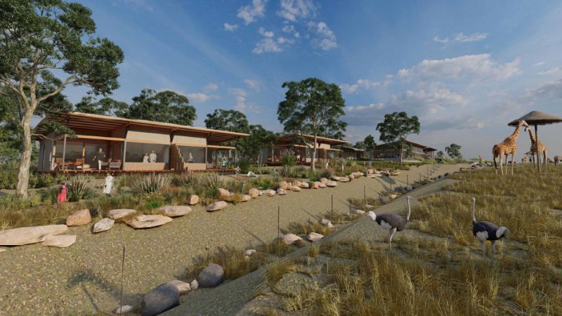 Multiple luxury cabins on at Taronga's open plain zoo in Dubbo with the new function centre and pool.