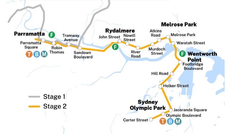 Map depicting the stops on stage one and two of the Parramatta light Rail from Parramatta Square to Sydney Olympic Park
