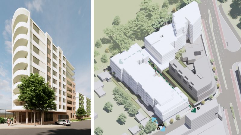a render of the 10 storey building on the corner of Pittwater Road along with an aerial of the mixed use development. 