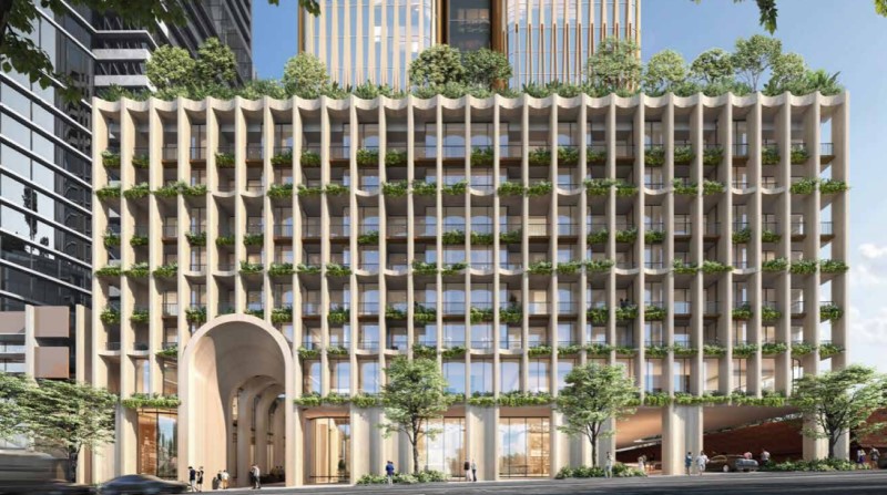 The render for the podium for SP Setia's new skyscraper project at 383 La Trobe Street in the Melbourne CBD. 
