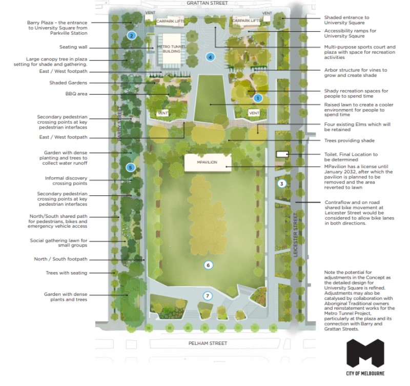 The City of Melbourne's map of the proposed redesign for University Square in Carlton.