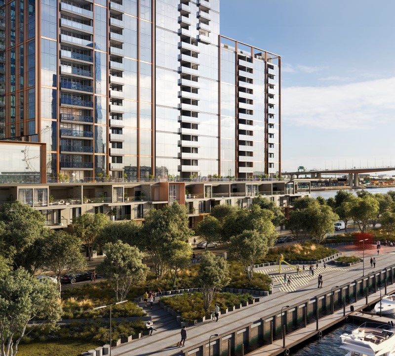 Warren and Mahoney's render of the podium and green space for Lendlease's Ancora at Collins Wharf project at Melbourne's Docklands.